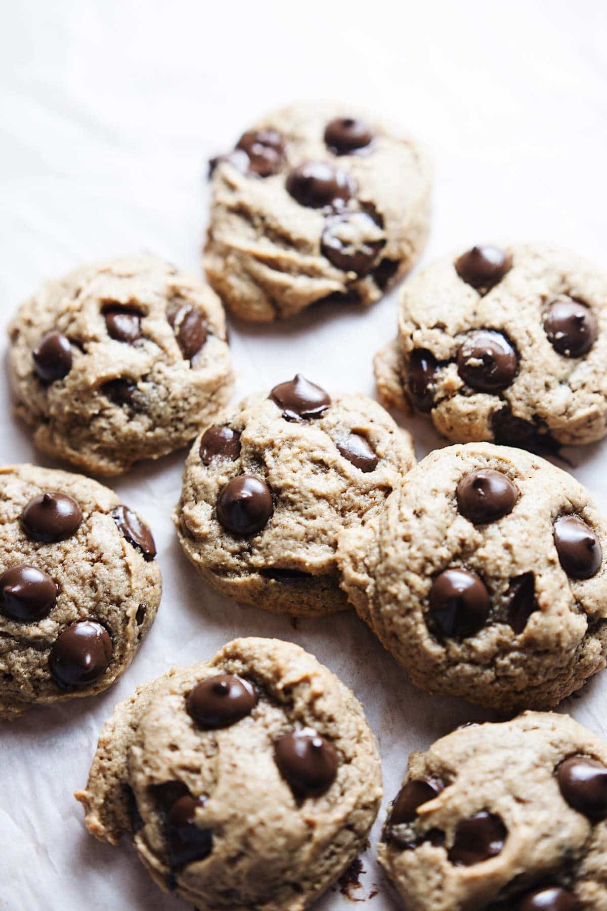 Side angle of a group of healthy chocolate chip cookies