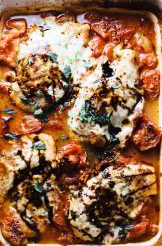 balsamic glazed chicken with melted mozzarella in a white dishbalsamic glazed chicken with melted mozzarella in a white dish