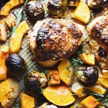 A chicken sheet pan dinner with roasted brussels sprouts and butternut squash.