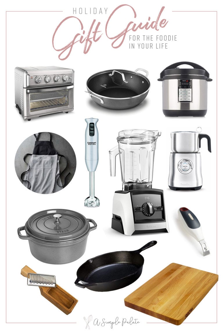 A holiday gift guide with kitchen tools on a white background