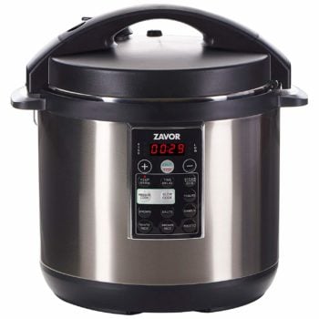 A silver and black pressure cooker.