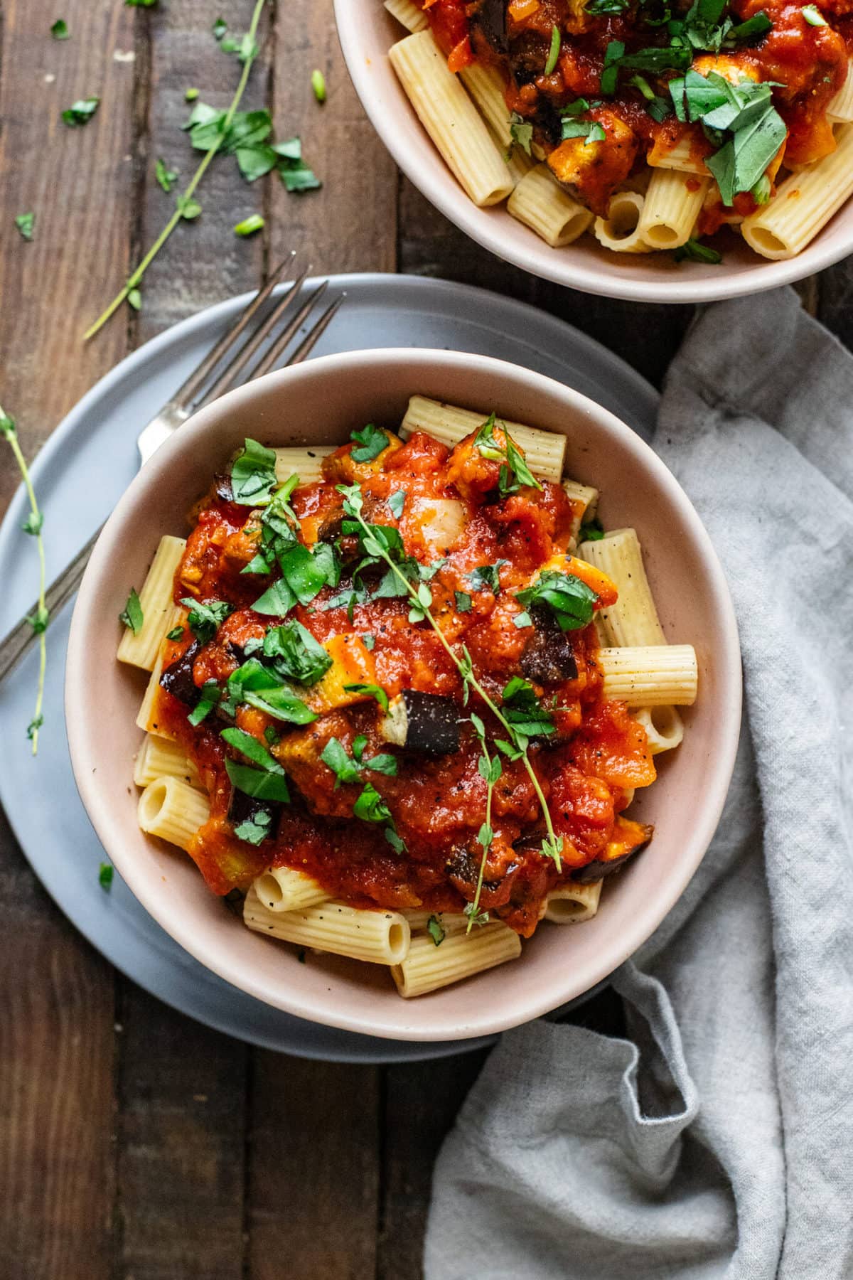 Eggplant sauce on rigatoni pasta