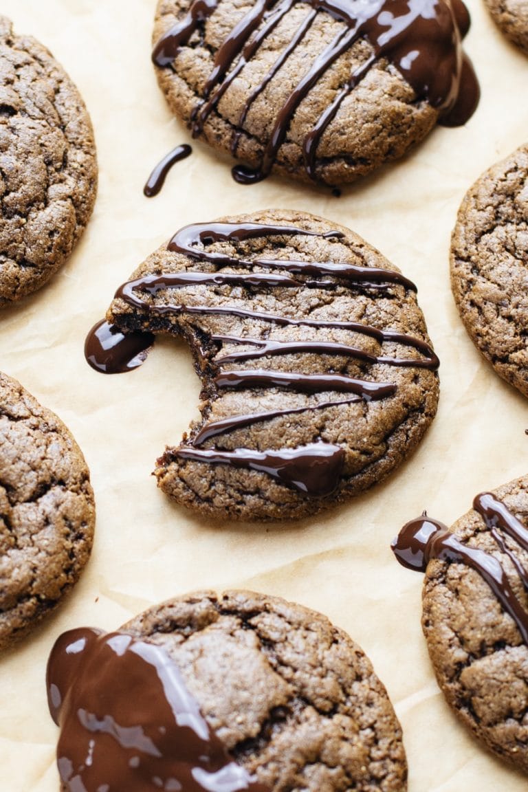A close up of a gingerbread molasses cookie drizzled with chocolate and has a bite out of it.