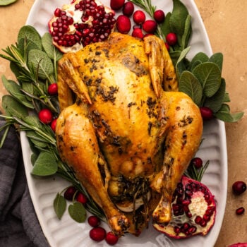A white oval dish with a whole roasted chicken on it. The chicken is decorated with fresh herbs, cranberries, and pomegranates places around it. The dish is sitting on a tan background with more herbs and a napkin placed around it.