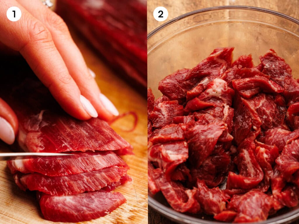 A collage of two images show how to make beef and broccoli. The images are labeled one and two. The first image, step one, is a hand using a chef knife to slice flank steak into thin slices. The second image, step two, is the beef slices in a clear glass bowl marinating.