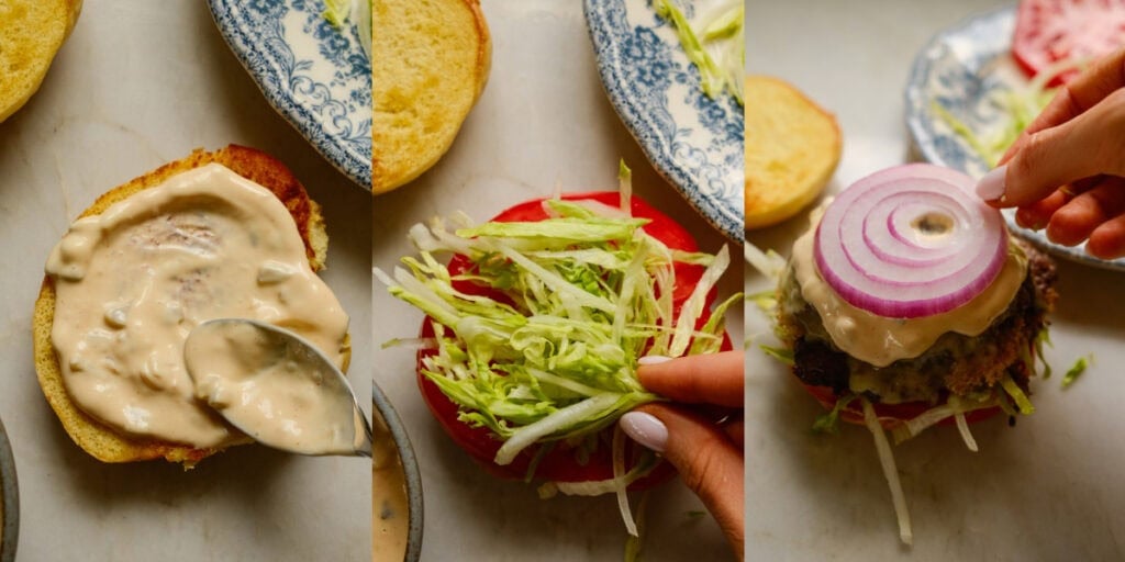 A collage of three images showing how to layer a smash burger with toppings on a bun. 