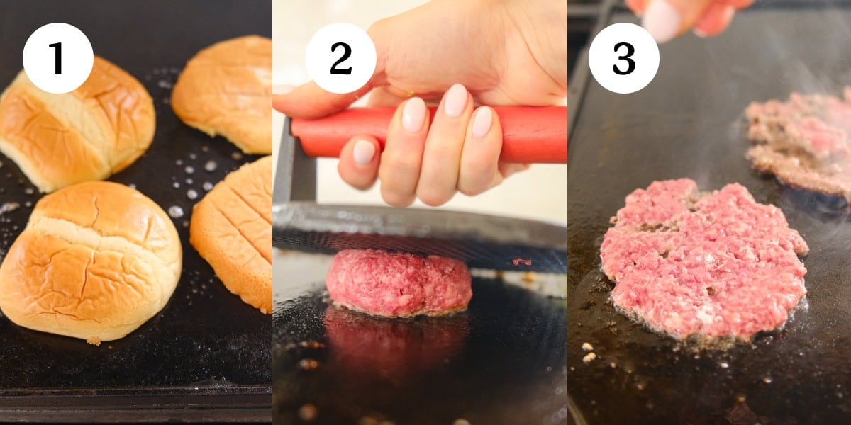 A collage of three photos numbered showing steps one through three on how to make smash burgers. 