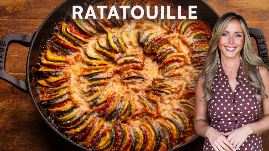 A Youtube video thumbnail with ratatouille in a cast iron pan on a wooden board. With a photo of Bethany Kramer next to the ratatouille.