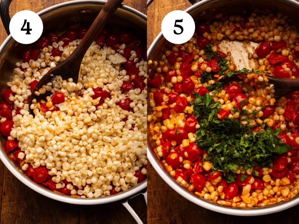 A collage of two images showing steps four through five on how to make cooked corn and tomatoes. The first image, step four, is corn kernels being added to cooked tomatoes in a stainless steel pan with a wooden spoon. The second image, step five, is chopped fresh basil being added to the cooked corn and tomatoes in the same stainless steel pan.