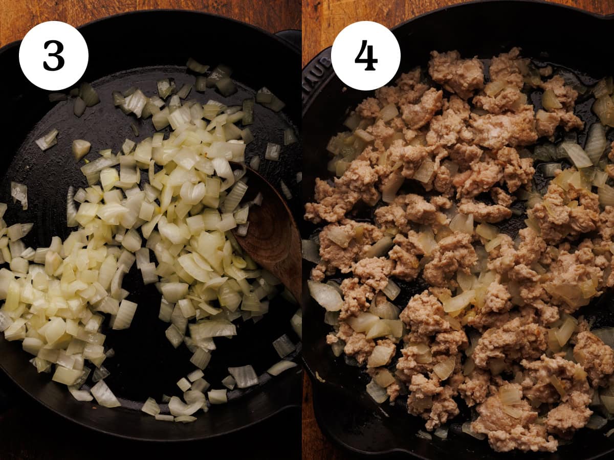A collage of two photos showing how to make filling for stuffed peppers. The first image is onions being sauteed in a pan, and the second photo is ground meat being cooked with the onions. The photos are labeled step three and four.