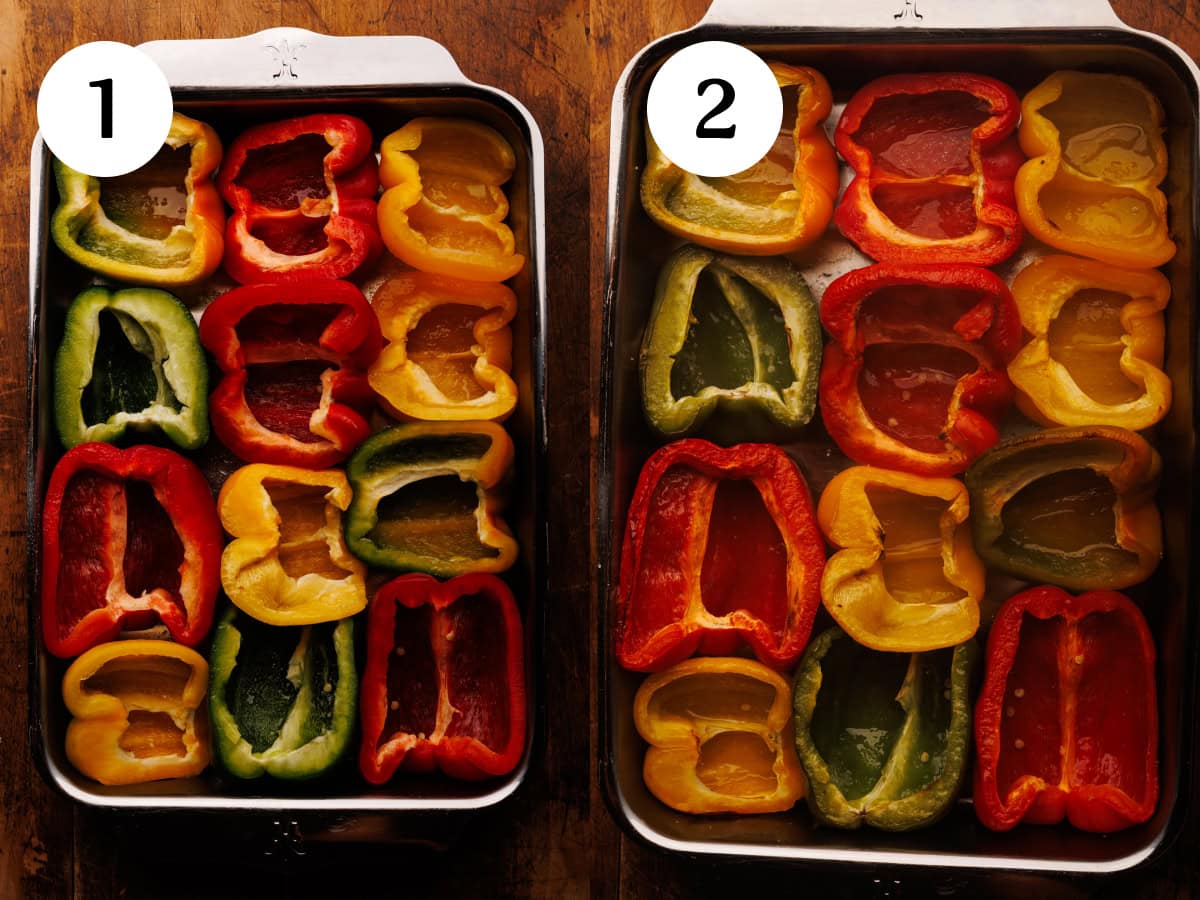 A collage of two photos showing how to roast bell peppers for stuffed peppers. The photos are numbered step one and two.