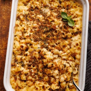 A white glass baking dish with baked mac and cheese in it and bread crumbs on top. There is a silver serving spoon in the mac and cheese. The dish is on a wooden background with a small bowl of breadcrumbs and fresh basil placed around it.