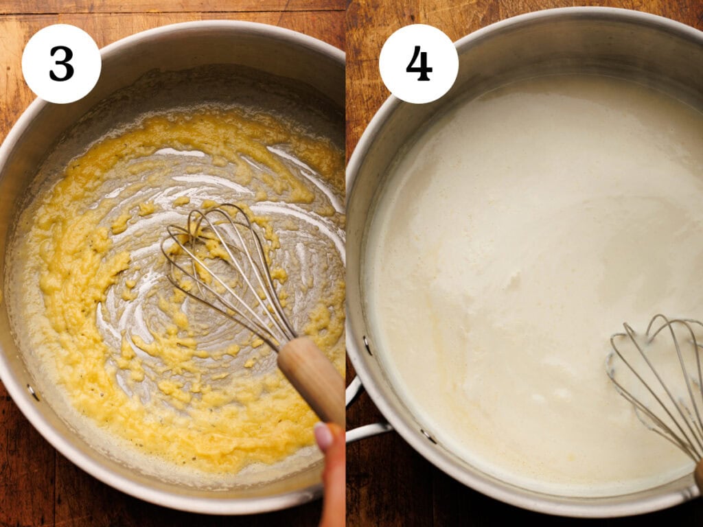 A collage of two images showing how to make baked mac and cheese. The two photos are steps three and four showing how to make the mornay sauce for the mac and cheese.