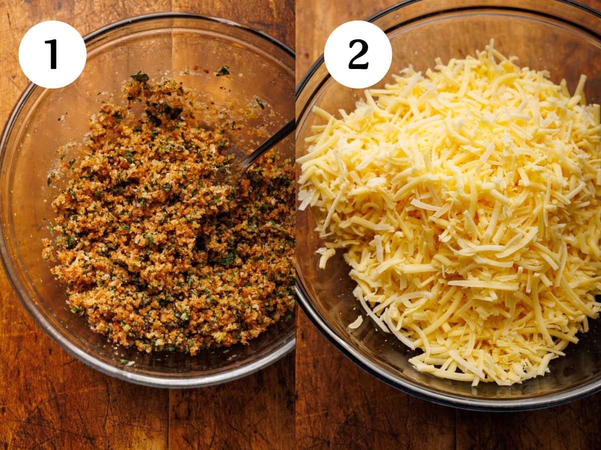 A collage of two images showing how to make baked mac and cheese. The first photo is step one showing how to prepare the breadcrumbs for the top. The second image, is step two showing the shredded cheeses after they were mixed in a clear glass bowl.