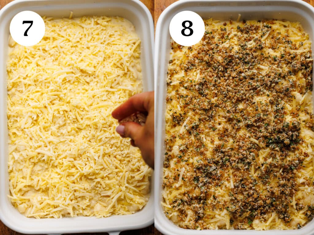 A collage of two images showing how to make baked mac and cheese. The two images are steps seven and eight, showing the mac and cheese being prepped in a baking dish for the oven. The other image shows breadcrumbs being sprinkled over the mac and cheese before being baked.