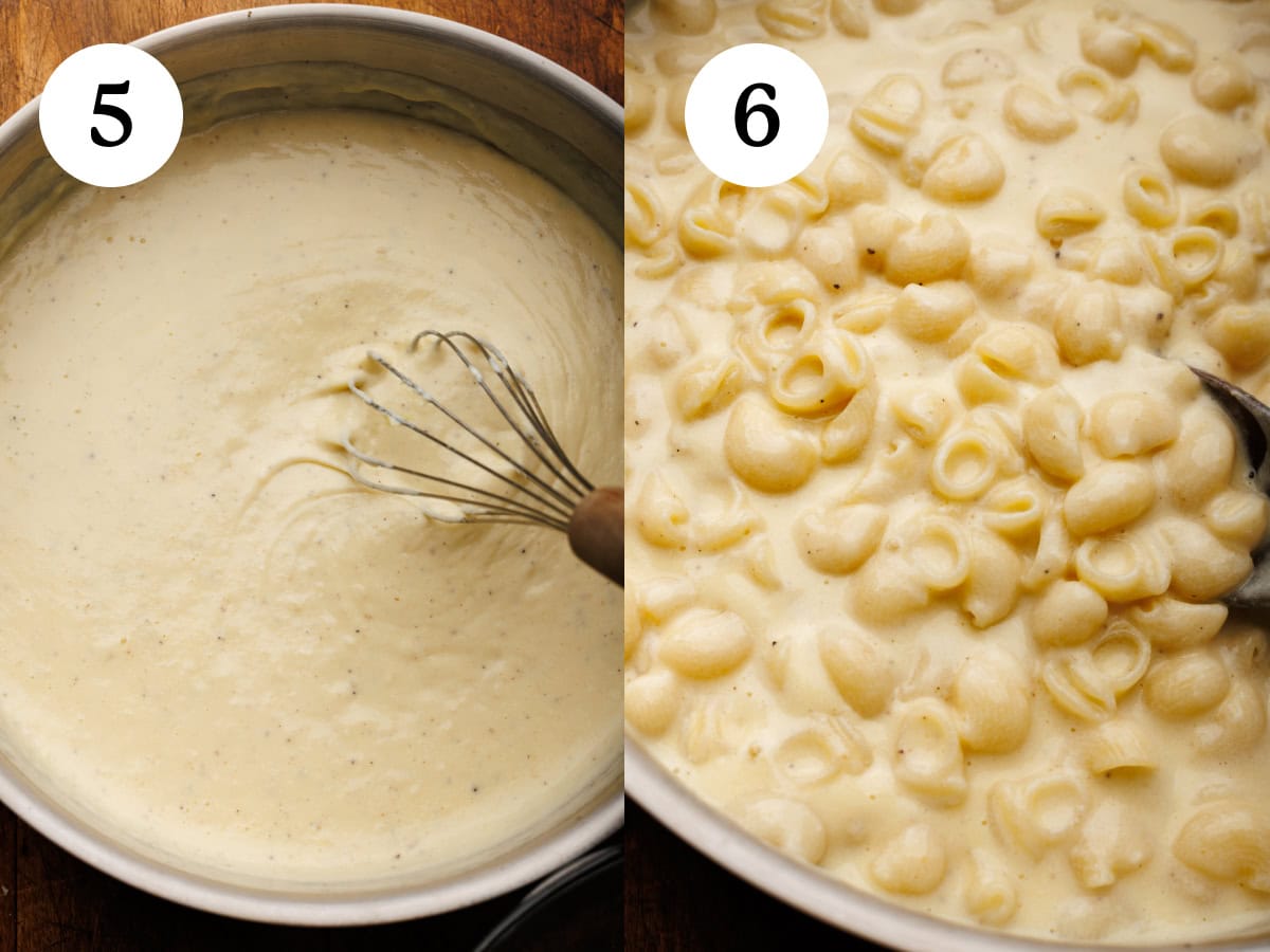 A collage of two images showing how to make baked mac and cheese. The two images are steps five and six, showing how  to make the cheese sauce then adding the macaroni to the cheese sauce.