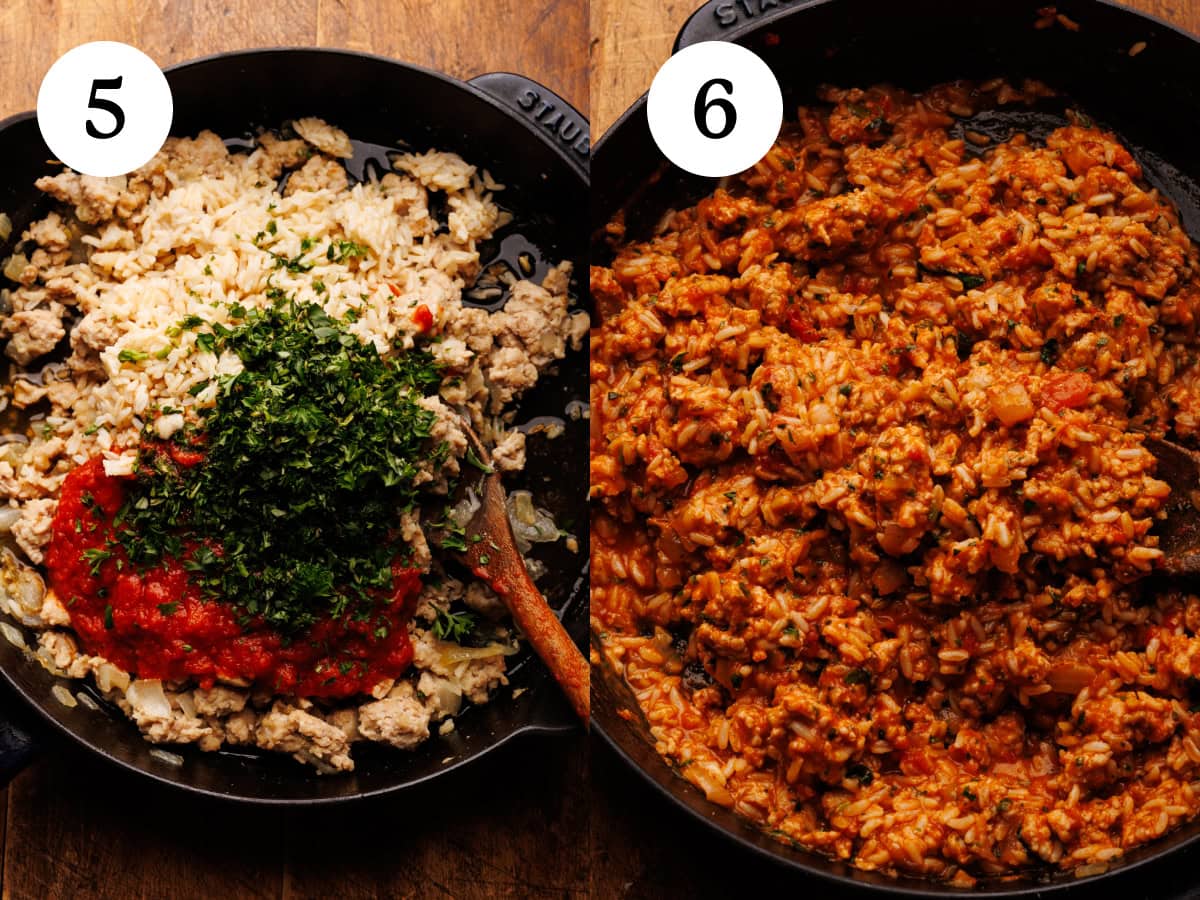 A collage of two photos showing how to make stuffing for stuffed peppers. The one image is showing rice, herbs, and sauce being added to a pan of cooked ground meat. The second image is all the ingredients stirred together in the pan. The images are labeled step five and step six.