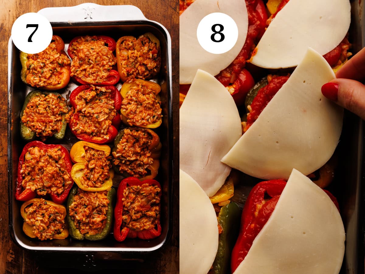 A collage of two photos showing how to bake stuffed peppers. The first image is halved bell peppers that have been filled with rice and ground chicken in a stainless steel roasting pan. The second image is slices of provolone cheese being placed on top of the stuffed peppers. The images are labeled step seven and eight.