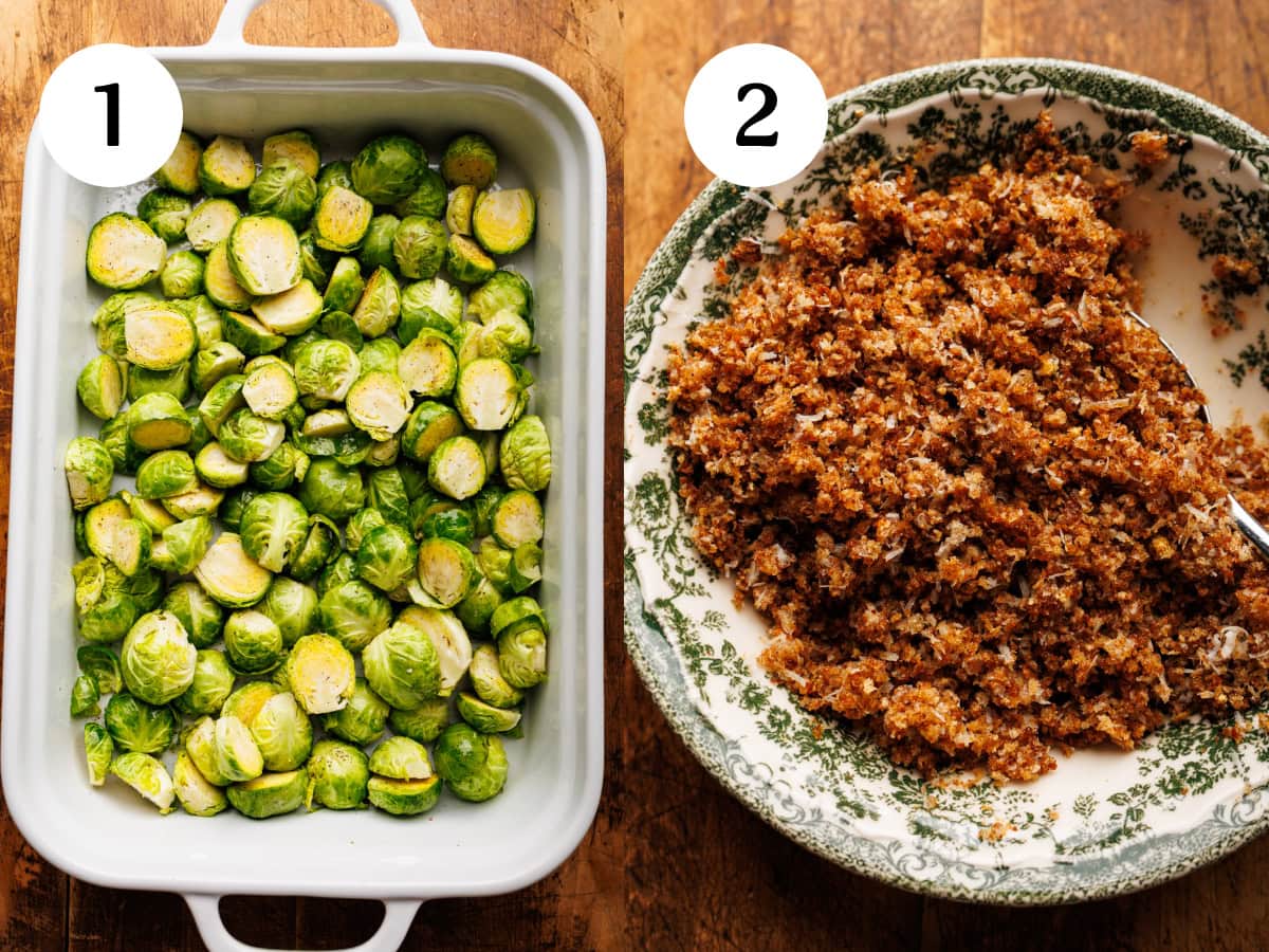 A collage of two images showing steps for how to make Brussels sprout gratin. The first image is step one showing how to roast the halved brussels sprouts in a white baking dish. The second image is step two showing breadcrumbs in a small green bowl.