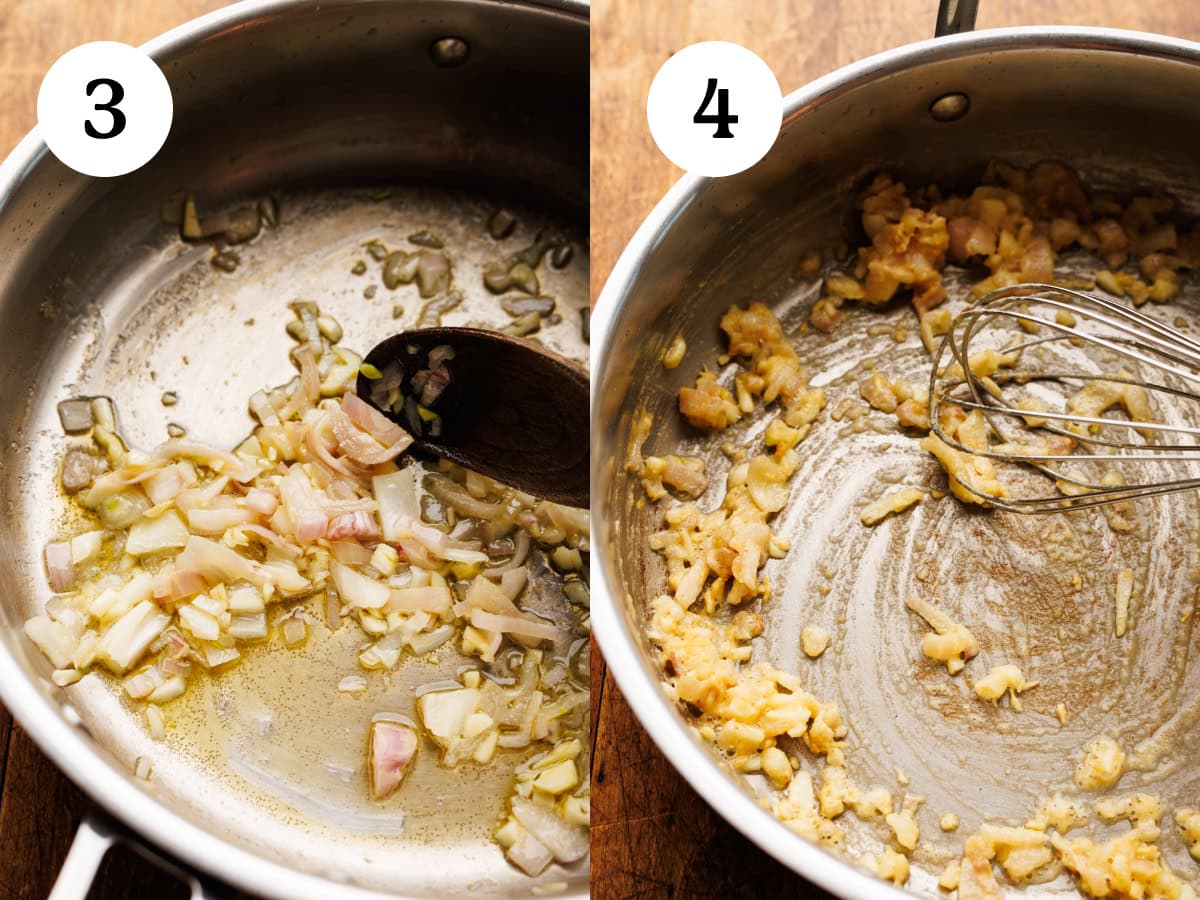 A collage of two images showing steps for making cheese sauce for Brussels sprout gratin. The first image is step three showing minced shallots and garlic being sautéed in a pan. The second image is step four showing flour being whisked in with the shallots and garlic in the same pan.