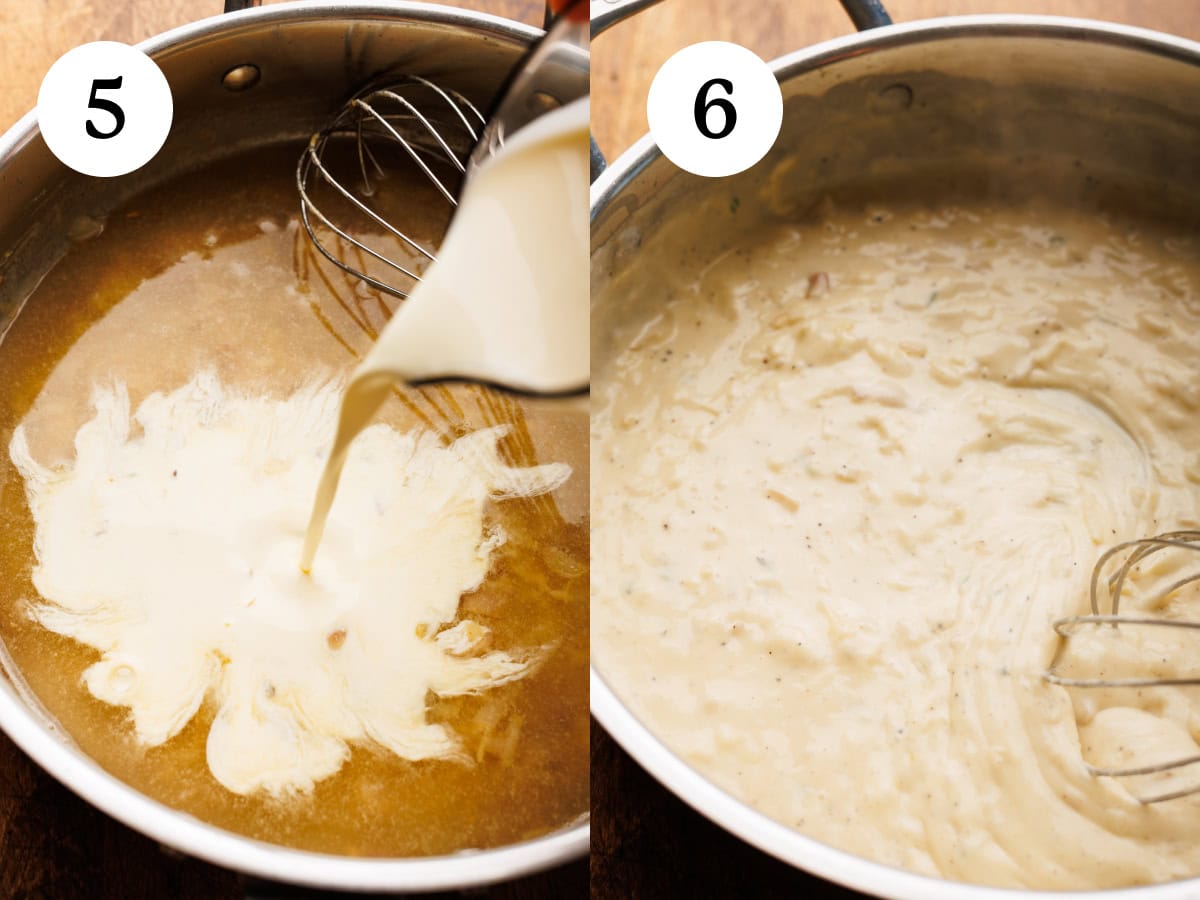 A collage of two images showing how to make cheese sauce for Brussels sprout gratin. The first image is step five showing creamy and chicken stock being added to a saucepan. The second image is step six showing a thickened cheesy sauce being whisked in a saucepan.