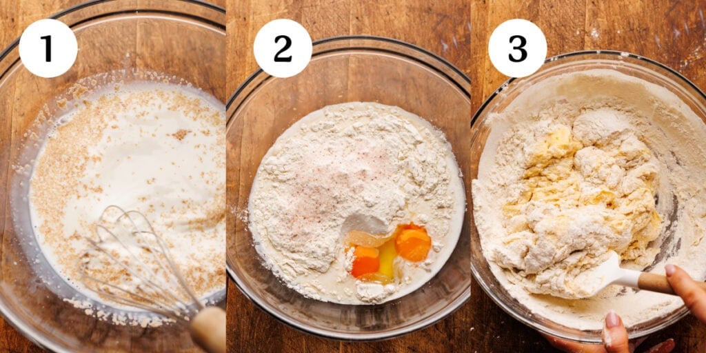 A collage of three images showing how to mix the ingredients together for dinner rolls in a clear glass bowl. The photos are showing steps one through three. 