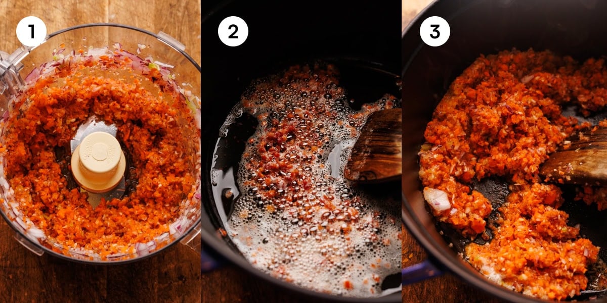 A collage of three images showing how to make white bolognese. The first image, labeled step one, is a food processor with finely chopped carrot, celery, and onion in it. The second image, labeled step two, is diced pancetta being browned in a cast iron pot. The third image, labeled step three, is the finely chopped vegetables from step one being sauteed in the cast iron pot with the pancetta. 