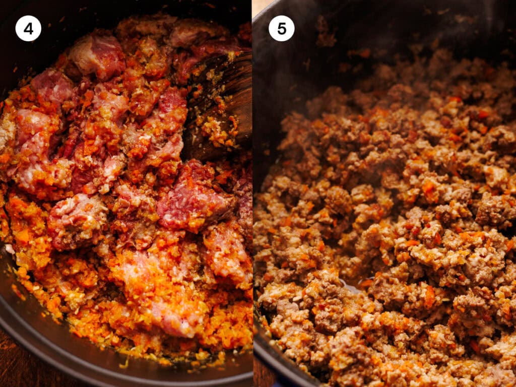 A collage of two images showing how to make white bolognese. The first image, step four, is ground pork and beef being added to a cast iron pot with softened vegetables. The second image, step five, is the ground beef browned in the pot.