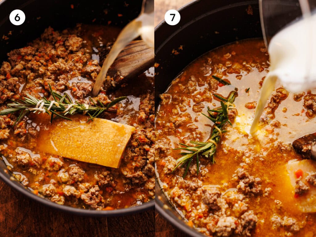 A collage of two images showing how to make white bolognese. The first image is labeled step six, showing ground meat with a parmesan rind in a black pot with broth being poured in with the ingredients. The second image, labeled step seven, is milk being poured into the same pot before the sauce cooks.