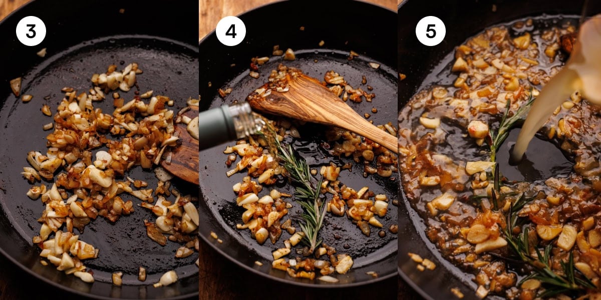 Steps 3-5 of how to make chicken scarpariello. Sauté the shallots and garlic, and then deglaze with wine.