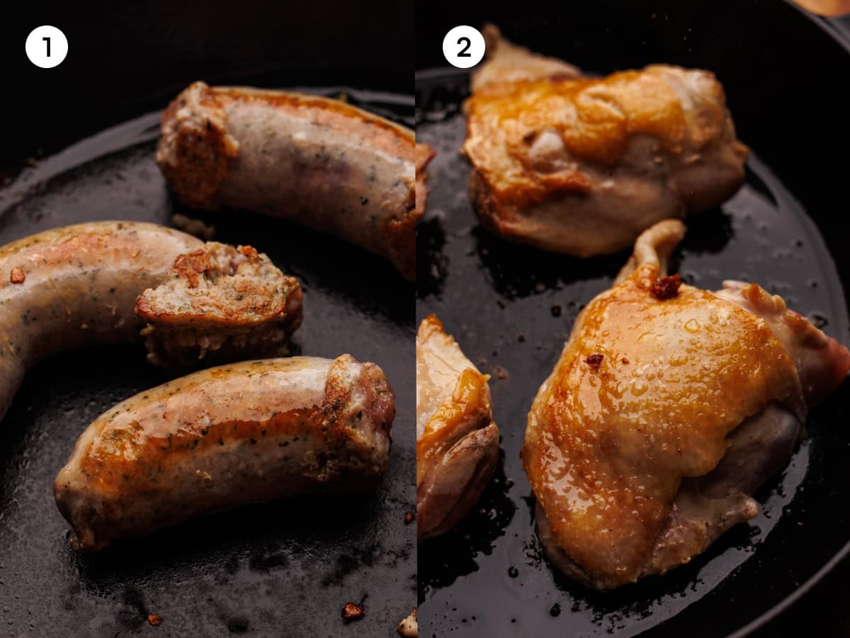 Steps 1 and 2 of how to make chicken scarpariello. On the left sausage is browned in a pan. On the right skin-on chicken thighs are browned in a pan