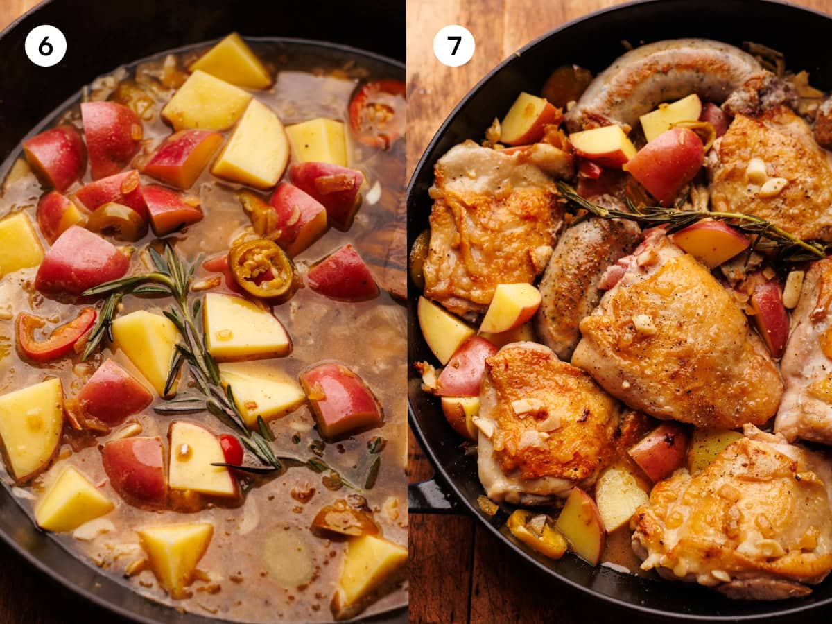 Steps 6-7 of how to make chicken scarpariello. Add the remaining ingredients such as hot cherry peppers and potatoes, place the chicken and sausage back into the pan, and roast.