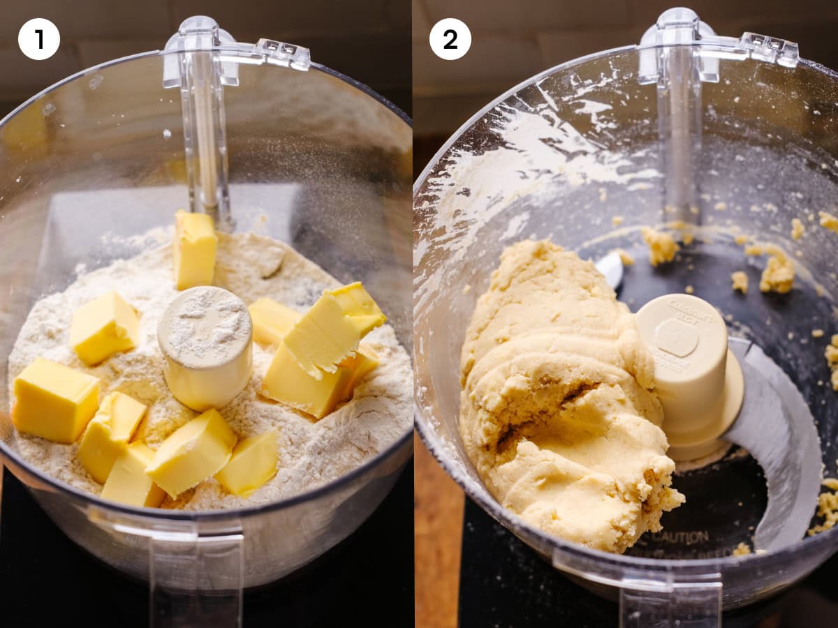 A collage of two images show the first two steps in making the pie dough for this quiche lorraine. The images are labeled one and two. The first image, step one, are the dough ingredients unblended in a food processor bowl. The second image, step two, shows the dough mixed after adding cold water. 