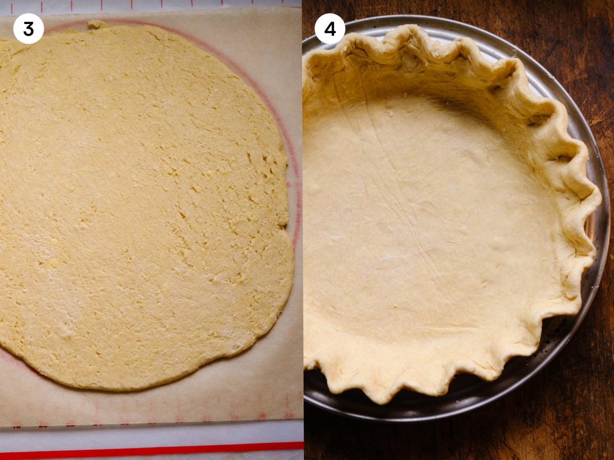 A collage of two images show the next two steps in making the pie dough for quiche Lorraine. The images are labeled three and four. The first image, step three, is showing the dough being rolled out to the proper diameter on a piece of parchment paper. The second image, step four, shows the dough placed in a pie dish with the edges crimped. 