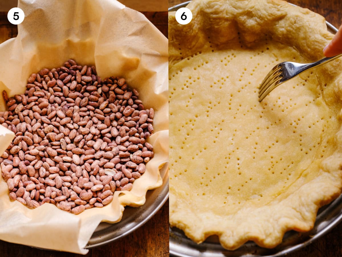 A collage of two images show the next two steps in baking the crust for quiche Lorraine. The images are labeled five and six. The first image, step five, is showing beans being placed on parchment paper on the dough to weigh it down during baking. The second image, step six, shows a fork pricking the bottom of the crust after the first blind bake. 