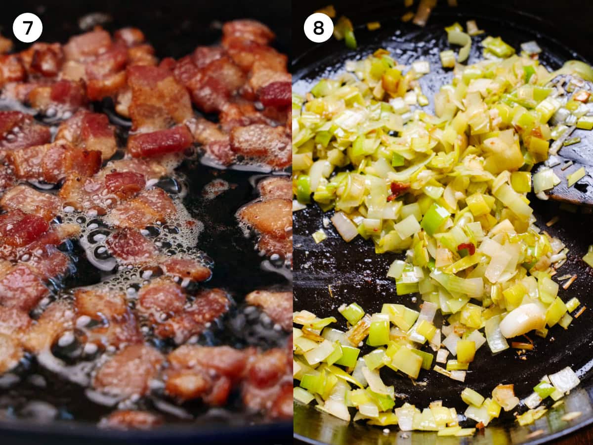 A collage of two images show steps 7 and 8 for making quiche Lorraine. The first image, step 7, shows bacon sizzling in a pan. The second image, step 8, shows leeks being cooked in a pan with oil.