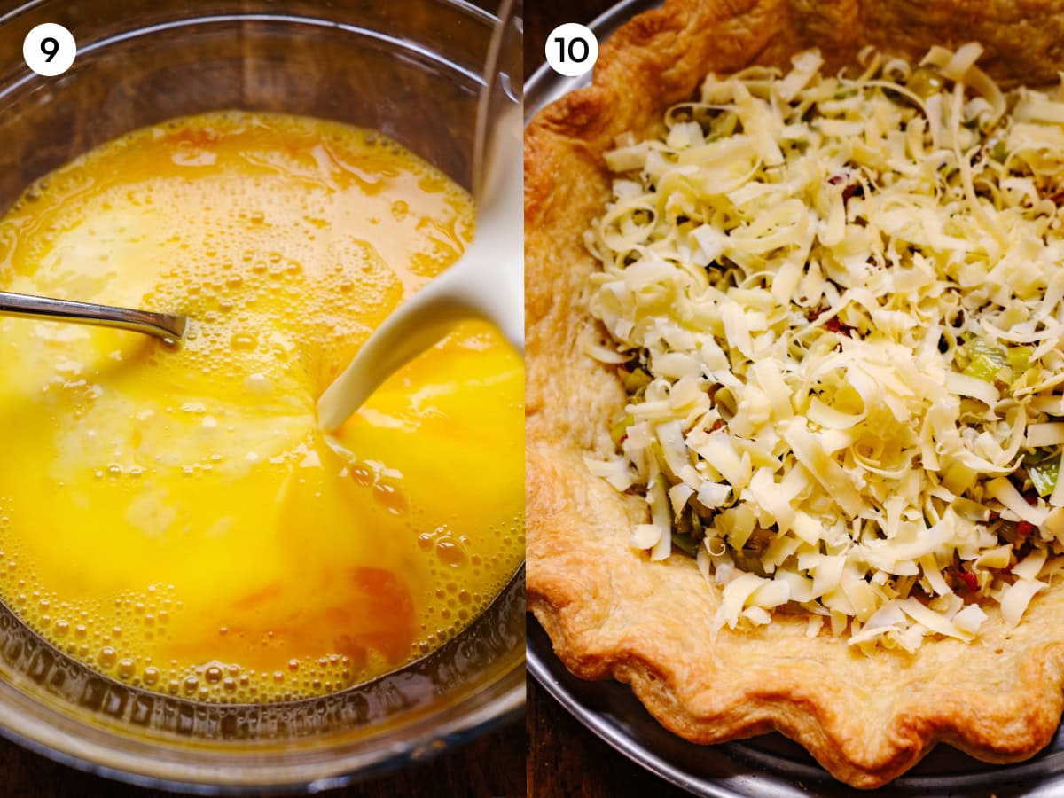 A collage of two images show steps 9 and 10 for making quiche Lorraine. The first image, step 9, shows the egg and cream mixture being combined with cream being poured in. The second image, step 10, shows the shredded cheese, bacon, and leeks added to the bottom of the pie dough.