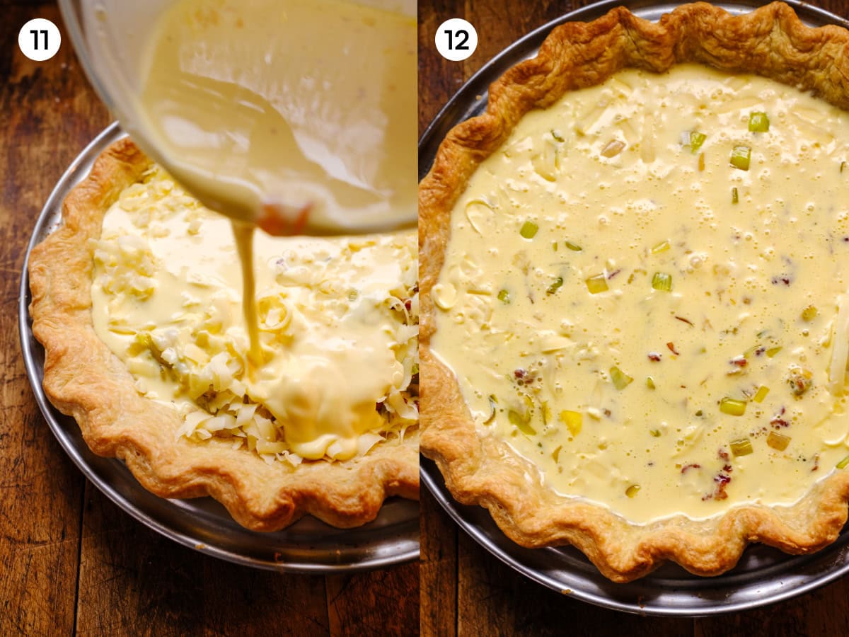 A collage of two images show steps 11 and 12 for making quiche Lorraine. The first image, step 11, shows the egg and cream mixture poured overtop of the cheese, bacon, and leek. The second image, step 12, shows the entire quiche mixture mixed up in the pie dough and ready to bake.