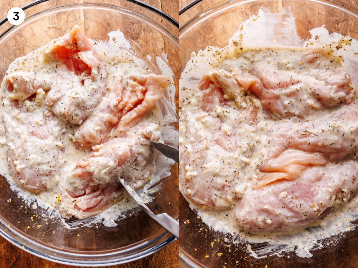 A collage of two images showing how to make grilled lemon chicken. The first image, labeled step three, is chicken breasts in a clear glass bowl with marinade in it and a fork moving the chicken around. The second photo is the chicken marinading in the clear glass bowl of marinade.