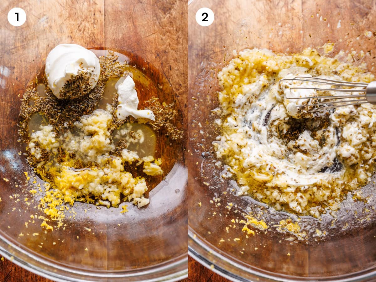 A collage of two photos showing steps for making grilled lemon chicken marinade. The first photo is labeled step one, where the marinade ingredients are in a clear glass bowl on a wooden board. The second image, labeled step two, is a whisk mixing the marinade ingredients together.