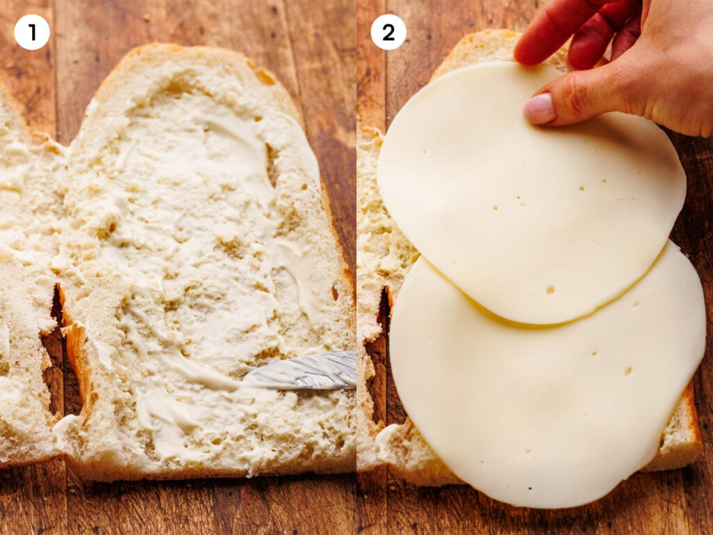 Steps 1 and 2 of making an italian sub. The image on the left shows spreading mayonnaise on the sub roll on a wooden board. The 2nd image on the right shows layering slices of provolone cheese