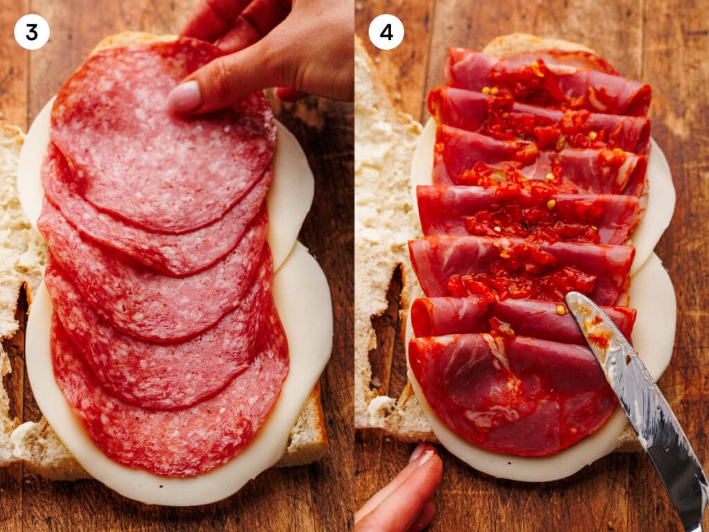 Steps 3 and 4 of making an italian sub. The image on the left shows layering genoa salami on the cheese. The 2nd image on the right shows layering slices of capicola, and spreading hot hoagie spread with a knife.