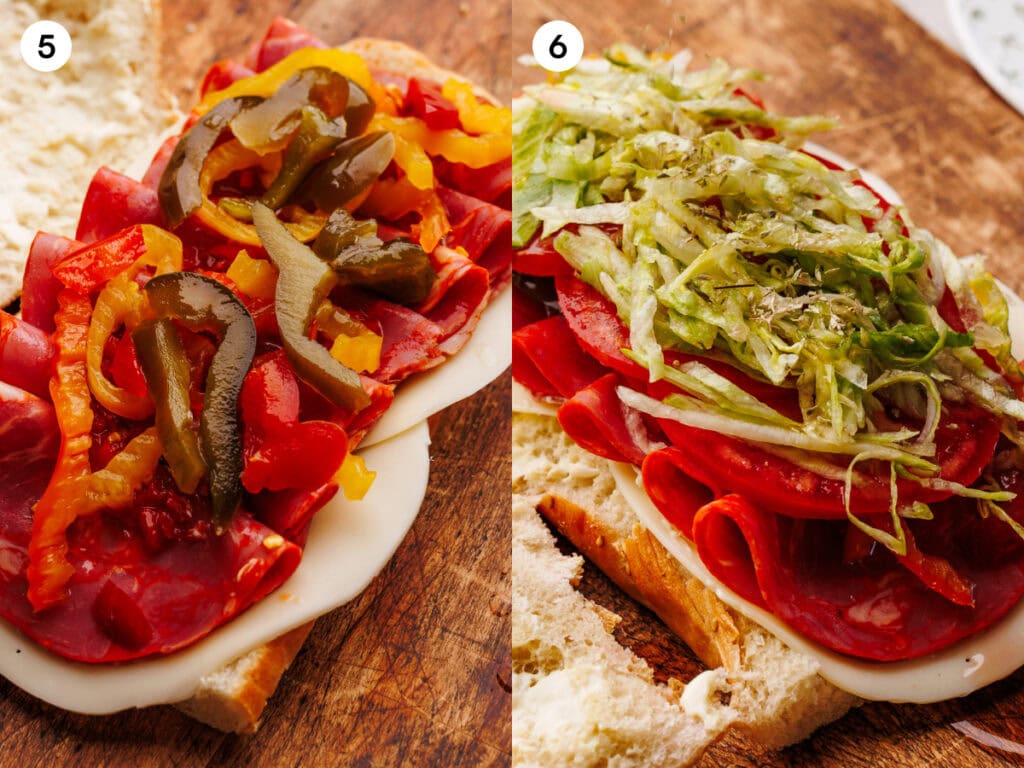 Steps 5 and 6 of making an italian sub. The image on the left shows sweet peppers being added on the meat. The 2nd image on the right shows tomato and chopped iceberg lettuce on the top of the sandwich with oregano being sprinkled above.