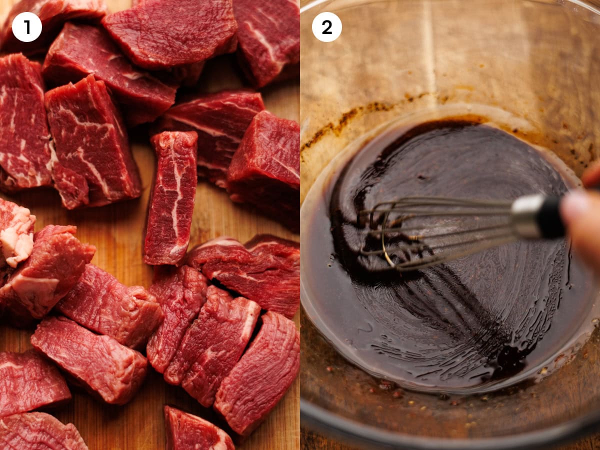 A collage of two images showing how to make steak kabobs. The first photo is step one, showing the steak cut into 1 1/2 inch pieces on a cutting board. The second image is step two showing a hand whisking the marinade in a clear glass bowl. 