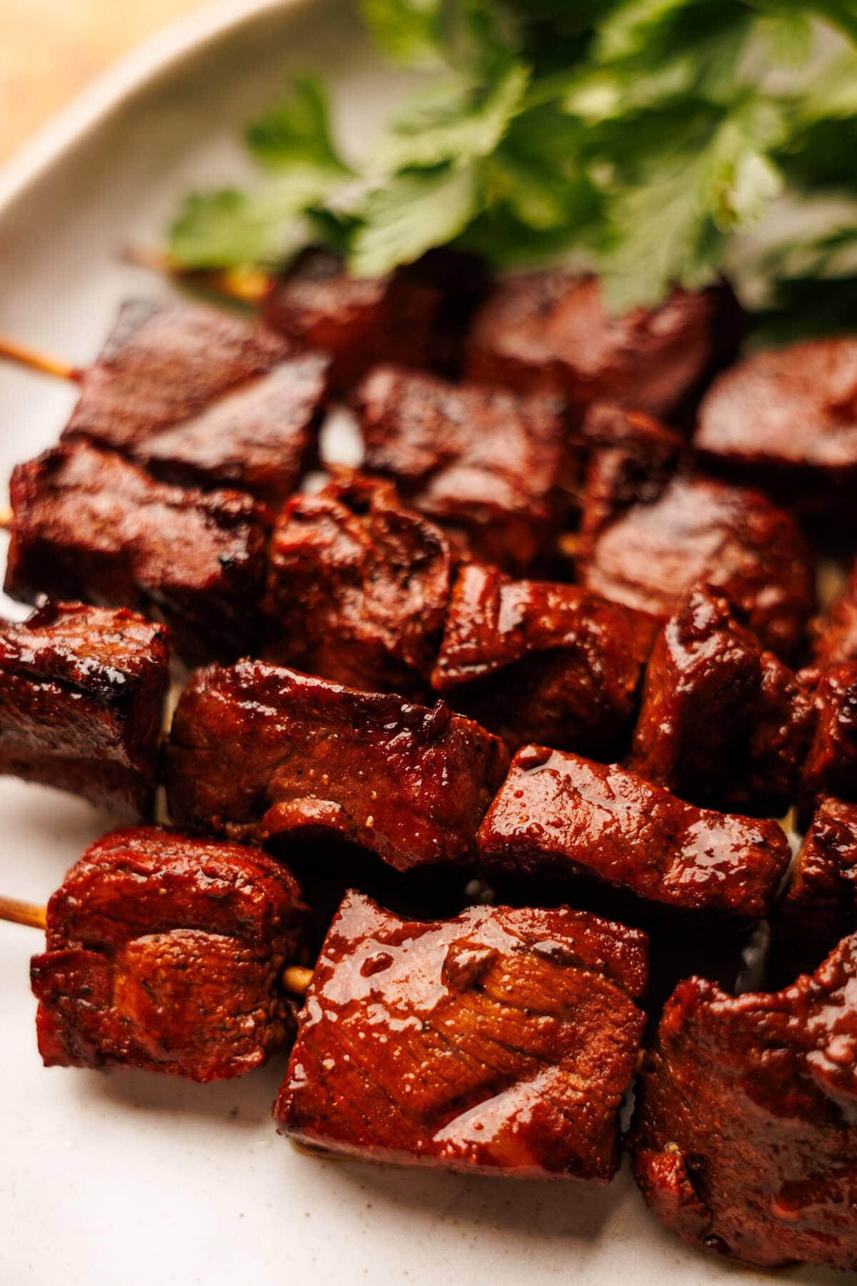 A close up of steak kabobs on a white plate with green herbs in the background.
