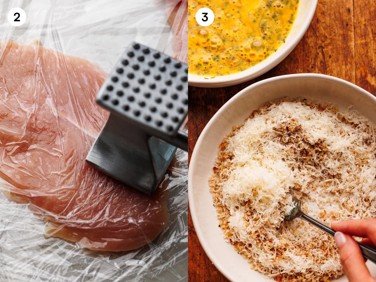 A collage of two photos showing steps for preparing chicken cutlets. The first photo, labeled step two, shows a chicken breast being pounded thin under plastic wrap with a meat mallet. The second photo, labeled step three, shows a fork stirring a breadcrumb and grated parmesan mixture in a bowl, with a bowl of beaten egg above it.