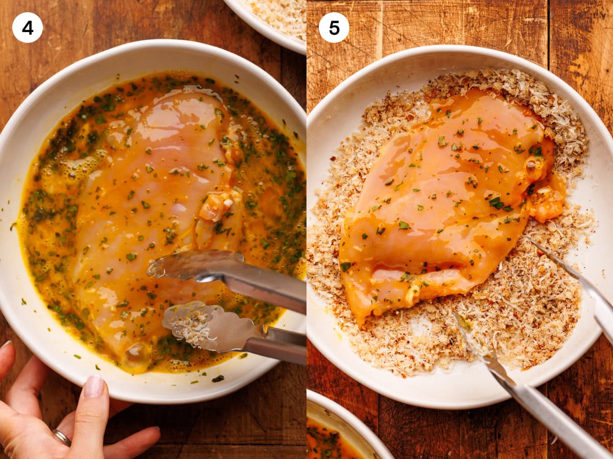 A collage of two photos showing steps for breading chicken cutlets. The first photo, labeled step four, shows tongs dipping a chicken cutlet into a bowl of beaten egg mixed with herbs. The second photo, labeled step five, shows the egg-coated cutlet being pressed into a bowl of breadcrumbs and parmesan.