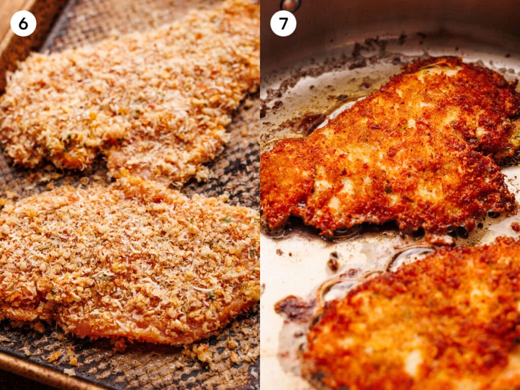 A collage of two photos showing steps for cooking chicken cutlets. The first photo, labeled step six, shows two raw breaded cutlets coated in breadcrumbs on a baking sheet. The second photo, labeled step seven, shows the cutlets frying in oil in a skillet, turned golden brown and crispy.