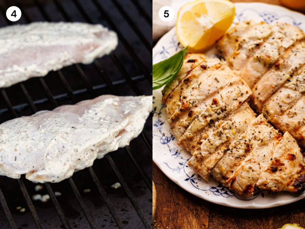 A collage of two images showing how to make grilled lemon chicken. The first image, labeled 4, shows the marinated chicken breasts on the grill. The 2nd image labeled 5, shows the chicken finished cooking sliced and on a plate surrounded by lemons and herbs.