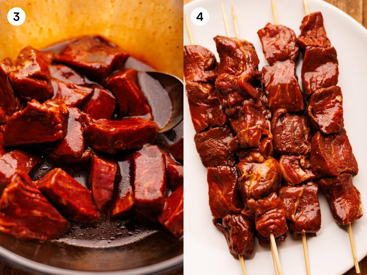 A collage of two photos showing steps for how to make steak kabobs. The photos are steps three and four. The first image in the collage, labeled step three, is the steak cubes in a clear glass bowl with marinade in it. The second image, step four, is the raw marinated steak on skewers displayed on a white plate.
